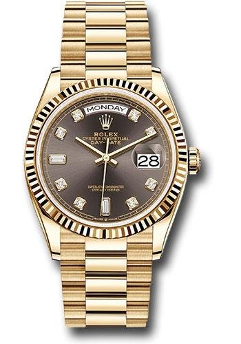 Rolex Yellow Gold Day-Date 36 Watch – Fluted Bezel – Dark Grey Diamond Dial – President Bracelet – 128238 dkgdp