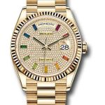 Rolex Yellow Gold Day-Date 36 Watch – Fluted Bezel – Diamond-Paved Rainbow Sapphire Dial – President Bracelet – 128238 dprsp