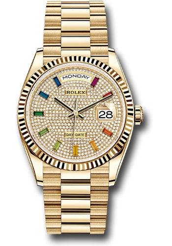 Rolex Yellow Gold Day-Date 36 Watch – Fluted Bezel – Diamond-Paved Rainbow Sapphire Dial – President Bracelet – 128238 dprsp