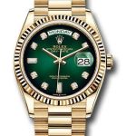 Rolex Yellow Gold Day-Date 36 Watch – Fluted Bezel – Green Ombre Diamond Dial – President Bracelet – 128238