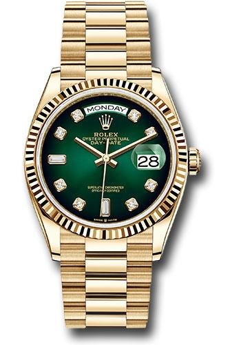 Rolex Yellow Gold Day-Date 36 Watch – Fluted Bezel – Green Ombre Diamond Dial – President Bracelet – 128238