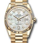 Rolex Yellow Gold Day-Date 36 Watch – Fluted Bezel – Mother-of-Pearl Diamond Dial – President Bracelet – 128238