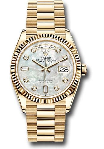 Rolex Yellow Gold Day-Date 36 Watch – Fluted Bezel – Mother-of-Pearl Diamond Dial – President Bracelet – 128238