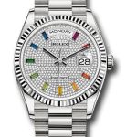 Rolex White Gold Day-Date 36 Watch – Fluted Bezel – Diamond Paved Rainbow Sapphire Dial – President Bracelet – 128239 dprsp