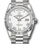 Rolex White Gold Day-Date 36 Watch – Fluted Bezel – White Roman Dial – President Bracelet – 128239