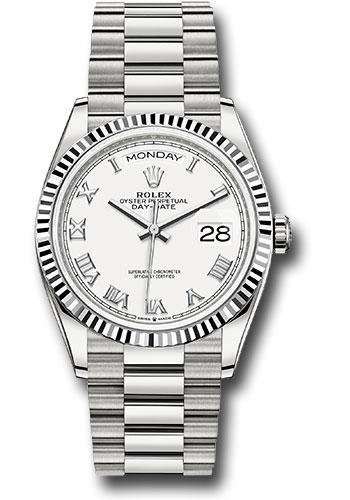 Rolex White Gold Day-Date 36 Watch – Fluted Bezel – White Roman Dial – President Bracelet – 128239