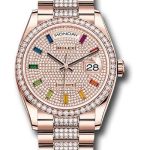 Rolex Everose Gold Day-Date 36 Watch – Diamond Bezel – Diamond-Paved Rainbow Sapphire Dial – Diamond President Bracelet – 128345RBR dprsdp