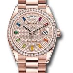 Rolex Everose Gold Day-Date 36 Watch – Diamond Bezel – Diamond-Paved Rainbow Sapphire Dial – President Bracelet – 128345RBR dprsp