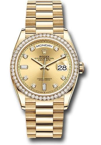Rolex Yellow Gold Day-Date 36 Watch – Diamond Bezel – Champagne Diamond Dial – President Bracelet – 128348RBR