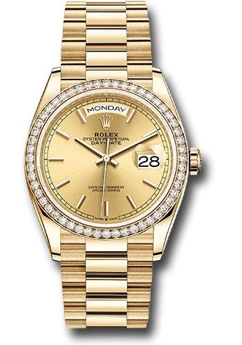 Rolex Yellow Gold Day-Date 36 Watch – Diamond Bezel – Champagne Index Dial – President Bracelet – 128348RBR