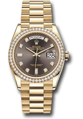 Rolex Yellow Gold Day-Date 36 Watch – Diamond Bezel – Dark Grey Diamond Dial – President Bracelet – 128348RBR dkgdp