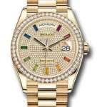 Rolex Yellow Gold Day-Date 36 Watch – Diamond Bezel – Diamond-Paved Rainbow Sapphire Dial – President Bracelet – 128348RBR dprsp