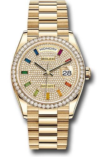 Rolex Yellow Gold Day-Date 36 Watch – Diamond Bezel – Diamond-Paved Rainbow Sapphire Dial – President Bracelet – 128348RBR dprsp