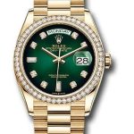 Rolex Yellow Gold Day-Date 36 Watch – Diamond Bezel – Green Ombre Diamond Dial – President Bracelet – 128348RBR