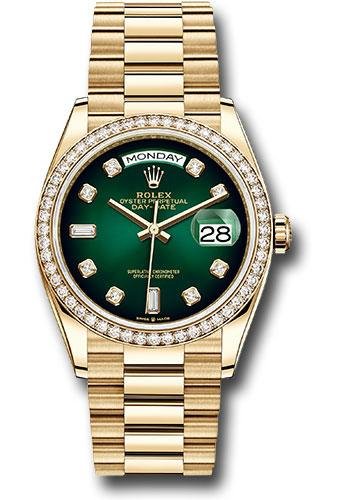 Rolex Yellow Gold Day-Date 36 Watch – Diamond Bezel – Green Ombre Diamond Dial – President Bracelet – 128348RBR