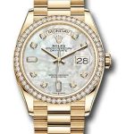 Rolex Yellow Gold Day-Date 36 Watch – Diamond Bezel – Mother-of-Pearl Diamond Dial – President Bracelet – 128348RBR