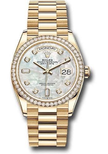 Rolex Yellow Gold Day-Date 36 Watch – Diamond Bezel – Mother-of-Pearl Diamond Dial – President Bracelet – 128348RBR