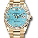 Rolex Yellow Gold Day-Date 36 Watch – Diamond Bezel – Turquoise Diamond Roman Dial – President Bracelet – 128348RBR tdidrp