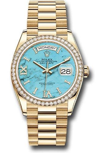 Rolex Yellow Gold Day-Date 36 Watch – Diamond Bezel – Turquoise Diamond Roman Dial – President Bracelet – 128348RBR tdidrp