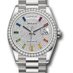 Rolex White Gold Day-Date 36 Watch – Diamond Bezel – Diamond Paved Rainbow Sapphire Dial – President Bracelet – 128349RBR dprsp
