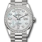 Rolex White Gold Day-Date 36 Watch – Diamond Bezel – Mother-of-Pearl Diamond Dial – President Bracelet – 128349RBR