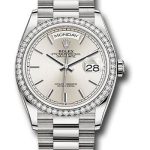 Rolex White Gold Day-Date 36 Watch – Diamond Bezel – Silver Index Dial – President Bracelet – 128349RBR