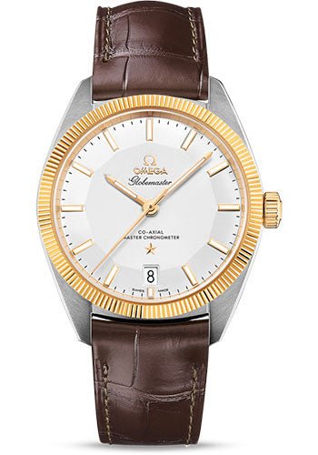 Omega Constellation Globemaster Co-Axial Master Chronometer Watch – 39 mm Steel And Yellow Gold Case – Yellow Gold Fluted Bezel – Silvery Dial – Brown Leather Strap – 130.23.39.21.02.001