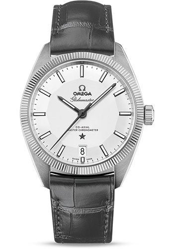 Omega Constellation Globemaster Co-Axial Master Chronometer Watch – 39 mm Steel Case – Fluted Bezel – Silver Dial – Grey Leather Strap – 130.33.39.21.02.001