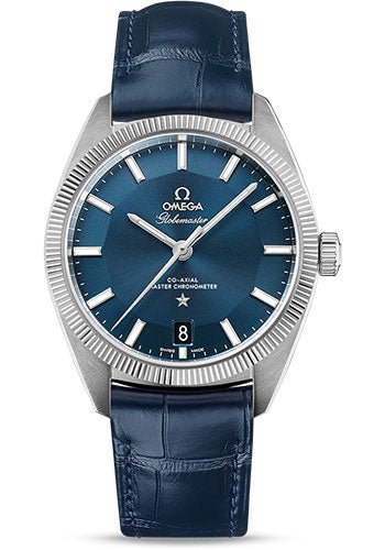 Omega Constellation Globemaster Co-Axial Master Chronometer Watch – 39 mm Steel Case – Fluted Bezel – Blue Dial – Blue Leather Strap – 130.33.39.21.03.001