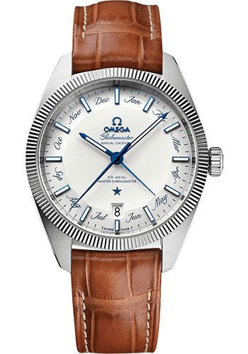 Omega Constellation Globemaster Co-Axial Master Chronometer Annual Calendar Watch – 41 mm Steel Case – Fluted Bezel – Silvery Dial – Light Brown Leather Strap – 130.33.41.22.02.001