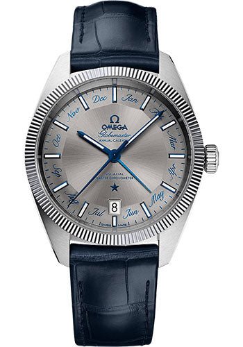 Omega Constellation Globemaster Co-Axial Master Chronometer Annual Calendar Watch – 41 mm Steel Case – Fluted Bezel – Grey Dial – Blue Leather Strap – 130.33.41.22.06.001