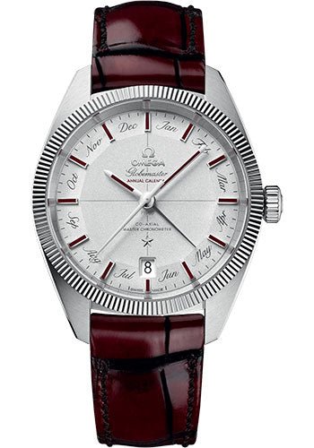 Omega Constellation Globemaster Co-Axial Master Chronometer Annual Calendar Limited Edition of 52 Watch – 41 mm Platinum Case – Platinum Dial – Burgundy Leather Strap – 130.93.41.22.99.001