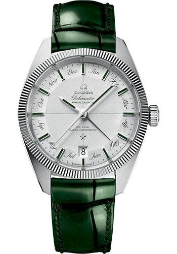 Omega Constellation Globemaster Co-Axial Master Chronometer Annual Calendar Limited Edition of 52 Watch – 41 mm Platinum Case – Platinum Dial – Green Leather Strap – 130.93.41.22.99.002