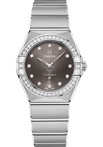 Omega Constellation Manhattan Quartz Watch – 28 mm Steel Case – Diamond-Paved Bezel – Grey Diamond Dial – 131.15.28.60.56.001