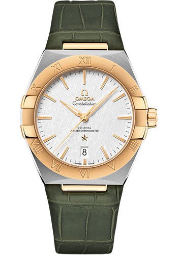 Omega Constellation OMEGA Co-Axial Master Chronometer – 39 mm Steel And Yellow Gold Case – White Silvery Dial – Olive Leather Strap – 131.23.39.20.02.002
