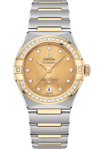 Omega Constellation Manhattan Co-Axial Master Chronometer Watch – 29 mm Steel And Yellow Gold Case – Diamond-Paved Bezel – Champagne Diamond Dial – 131.25.29.20.58.001