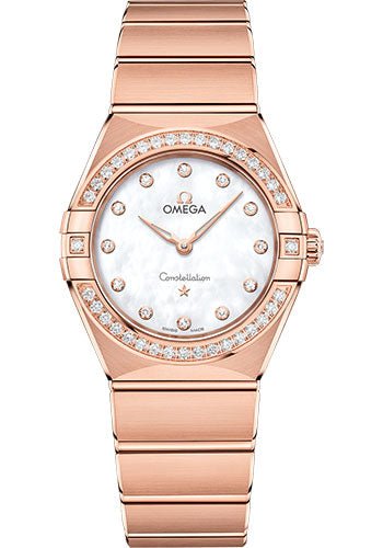 Omega Constellation Manhattan Quartz Watch – 28 mm Sedna Gold Case – Diamond-Paved Bezel – Mother-Of-Pearl Diamond Dial – 131.55.28.60.55.001