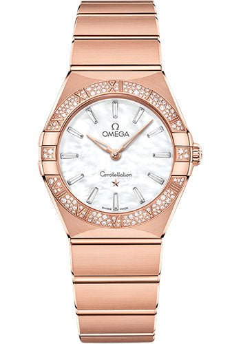 Omega Constellation Quartz – 28 mm Sedna Gold Case – Diamond Bezel – White Pearled Mother-Of-Pearl Diamond Dial – 131.55.28.60.55.003