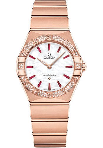 Omega Constellation Quartz – 28 mm Sedna Gold Case – Diamond Bezel – White Pearled Mother-Of-Pearl Ruby Dial – 131.55.28.60.55.004