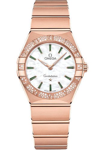 Omega Constellation Quartz – 28 mm Sedna Gold Case – Diamond Bezel – White Mother-Of-Pearl Emerald Dial – 131.55.28.60.55.005