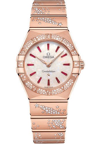 Omega Constellation Quartz – 28 mm Sedna Gold Case – Diamond Bezel – White Opal Ruby Dial – 131.55.28.60.99.003