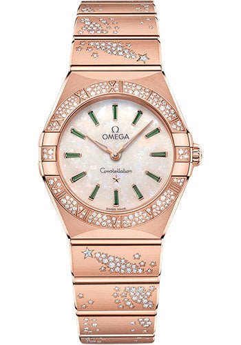 Omega Constellation Quartz – 28 mm Sedna Gold Case – Diamond Bezel – White Opal Emerald Dial – 131.55.28.60.99.004