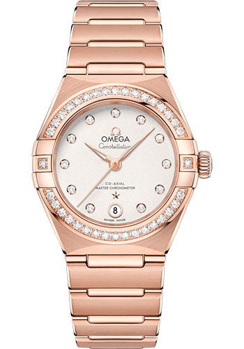 Omega Constellation Manhattan Co-Axial Master Chronometer Watch – 29 mm Sedna Gold Case – Diamond-Paved Bezel – Crystal White Silvery Diamond Dial – 131.55.29.20.52.001