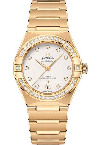 Omega Constellation Manhattan Co-Axial Master Chronometer Watch – 29 mm Yellow Gold Case – Diamond-Paved Bezel – Crystal White Silvery Diamond Dial – 131.55.29.20.52.002
