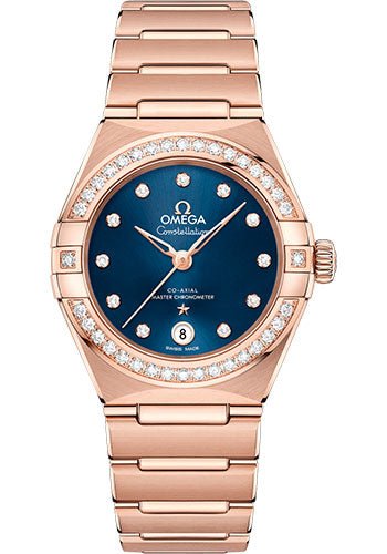 Omega Constellation Manhattan Co-Axial Master Chronometer Watch – 29 mm Sedna Gold Case – Diamond-Paved Bezel – Blue Diamond Dial – 131.55.29.20.53.001
