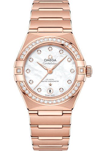 Omega Constellation Manhattan Co-Axial Master Chronometer Watch – 29 mm Sedna Gold Case – Diamond-Paved Bezel – Mother-Of-Pearl Diamond Dial – 131.55.29.20.55.001