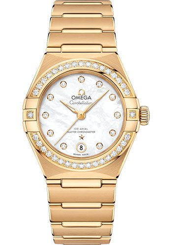 Omega Constellation Manhattan Co-Axial Master Chronometer Watch – 29 mm Yellow Gold Case – Diamond-Paved Bezel – Mother-Of-Pearl Diamond Dial – 131.55.29.20.55.002