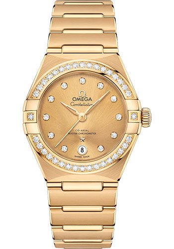 Omega Constellation Manhattan Co-Axial Master Chronometer Watch – 29 mm Yellow Gold Case – Diamond-Paved Bezel – Champagne Diamond Dial – 131.55.29.20.58.001