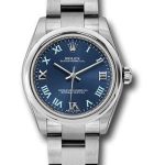 Rolex Steel Oyster Perpetual 31 Watch – Domed Bezel – Azzuro Blue Gold Iii VI Ix Roman Dial – 177200