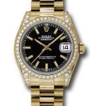 Rolex Yellow Gold Datejust 31 Watch – 48 Diamond Bezel – Black Index Dial – President Bracelet – 178158